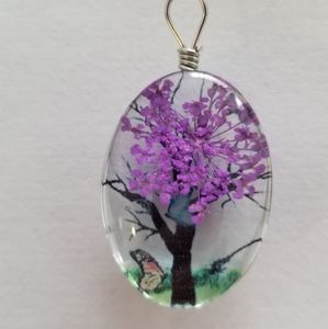 New glass pressed flowers butterflies purple tree pendant